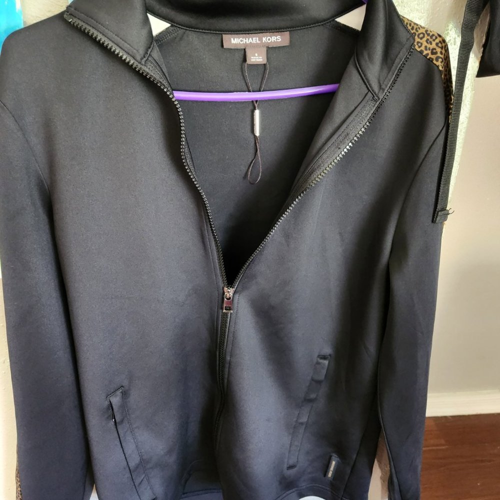Michael Kors 1/4 Zip Black w/ Leopard Print Sweater Size S